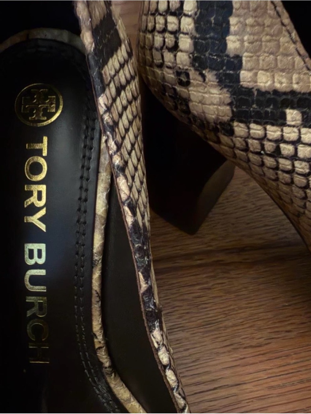 Tory Burch Snake-Print Block Heel Loafer in Tan and Black - Picture 4 of 6